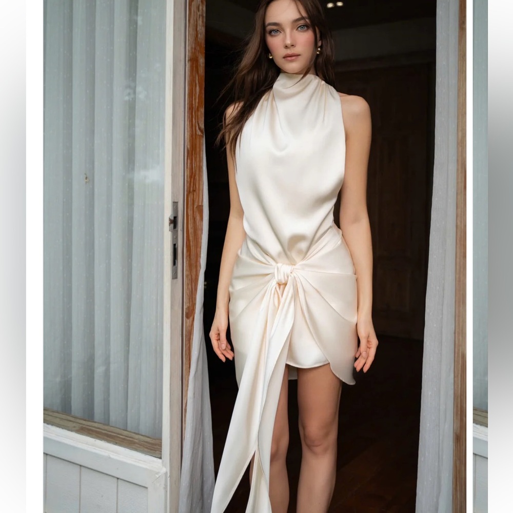 Kisserine Cream Satin Halter Wrap Tie Open Back Mini Dress *NEW*
